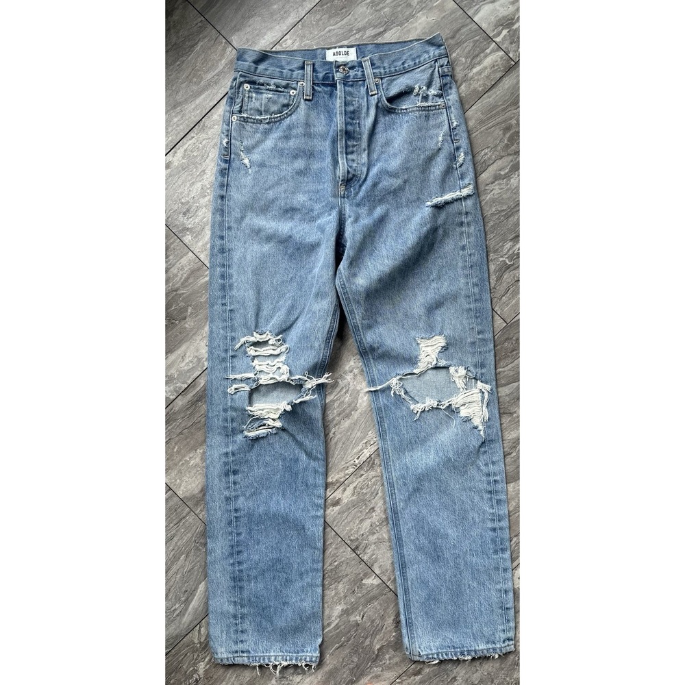 AGOLDE Jeans Women's 24 High Rise Distressed Straight Leg Button Fly Blue Denim